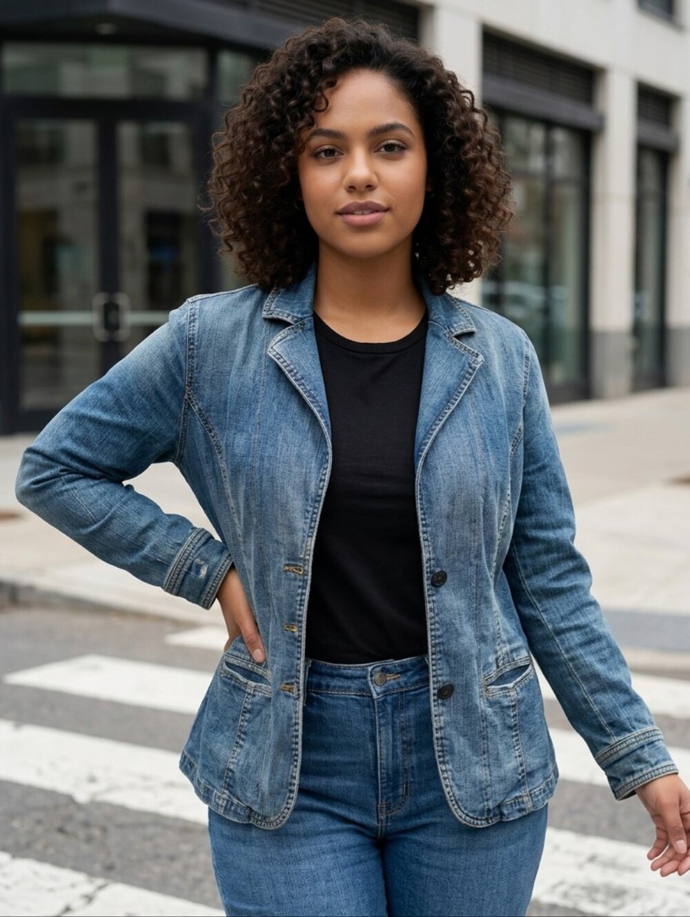 Womens XL Denim Blazer Stretch Blue Jean Jacket Faded Wash Button Front Casual